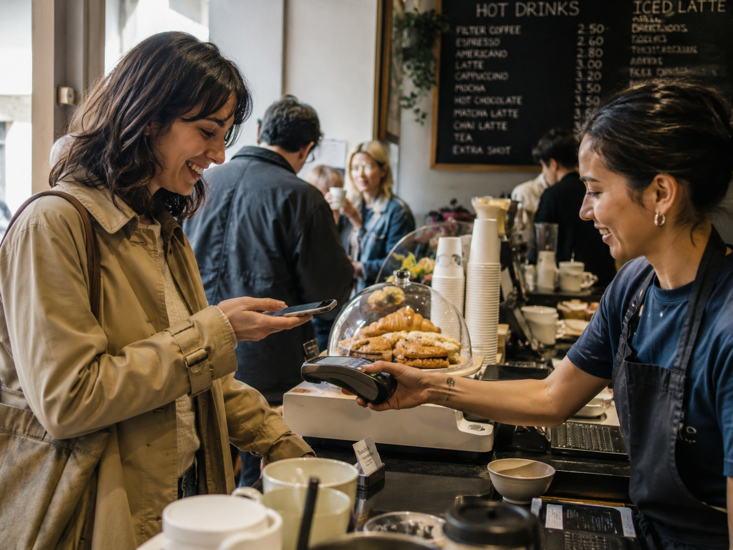 Customer paying with her phone at a busy café counter