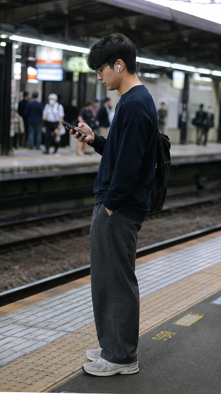 Commuter checking his phone on a train platform