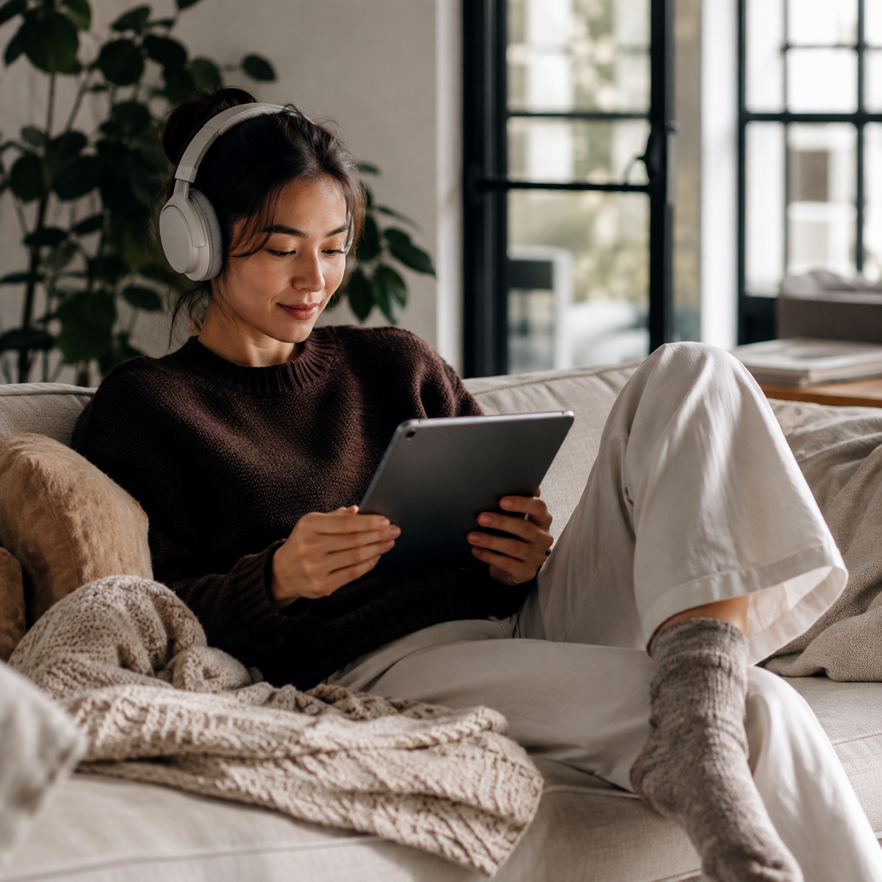 Woman with headphones relaxing on the sofa with a tablet